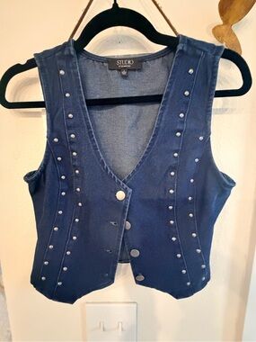Studio Navy Denim-Style Studded Vest closer to extra small in chest